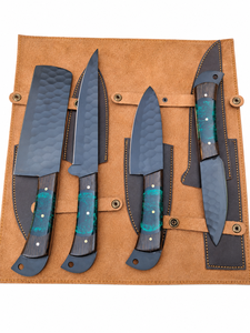 Hand Forged Carbon Steel Chef <b>Knife</b> Set 5 Piece Resin Handle Modern Right Hand Leather Sheath High-Polish Finish Dishwasher <b>Safe</b> - Product Image 3