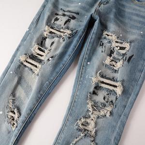 Jeans Ajustados para Hombre, Estilo Motero, Diseño Desgastado, Color Blanco Oscuro, Lavado, Disponibles para Dropshipping - Product Image 2