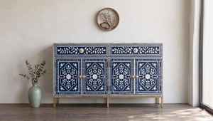 Handcrafted Bone Inlay <b>Console</b> <b>Table</b> Mediterranean Style <b>Blue</b> White Geometric Pattern Wooden Sideboard Entryway Storage Cabinet - Product Image 3