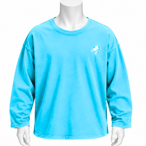 Camiseta de algodón oversize de manga larga con cuello redondo y hombros caídos, lavado vintage, estilo casual streetwear, corte holgado, para uso diario, color cian. - Product Image 1