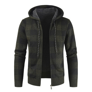 Veste à capuche tricotée pour homme, pull à carreaux zippé, cardigan décontracté d'hiver, veste chaude streetwear tendance - Product Image 4