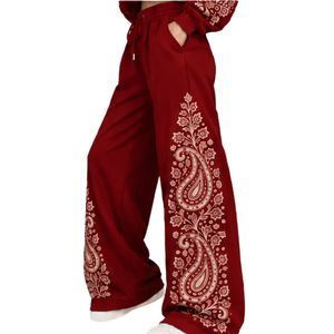 Deep <b>Red</b> Womens Paisley Print Cropped <b>Hoodie</b> Wide Leg Pants Two Piece Tracksuit Casual Streetwear Loose Fit Jogger Outfit Set - Product Image 4