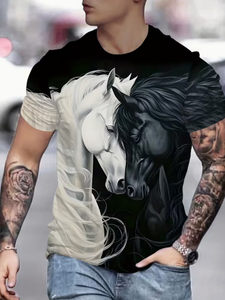 T-shirt à manches courtes pour homme, imprimé cheval noir et blanc, col rond, coupe classique, vêtement décontracté, tissu en polyester respirant - Product Image 1