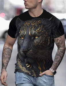 Men s O Neck Short Sleeve Printed T Shirt Black Panther Design Gold Pattern Casual Slim Fit Breathable Front Logo <b>Light</b> weight - Product Image 4