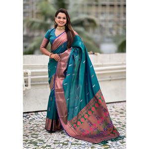 ผ้าไหมเพธานีแบบดั้งเดิมสีเขียวทะเลทอแบบดูอัล ซารี  เสื้อผ้าอินเดียและปากีสถาน - Product Image 5