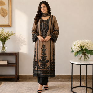 Luxury Cotton Pakistani Long Cut Embroidered Suit Women Premium Designer Dust Pink Party Wedding Wear Straight Kurta Palazzo - Product Image 1