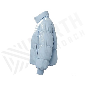 Light Blue Quilted Puffer Jacket Full Sleeve Stand Collar Windproof Winter Thick Polyester Wadding Short Length - Product Image 3