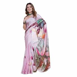 CRÉATEUR JAPON CRAPE IMPRESSION NUMÉRIQUE TRAVAIL SAREE AVEC BLOUSE NON COUCHÉE BÉBÉ ROSE - Product Image 1