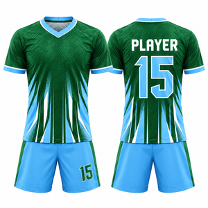Tenue de football personnalisée vert-bleu géométrique sublimée, anti-humidité, 100 % polyester, manches courtes, coupe classique pour homme adulte - Product Image 1