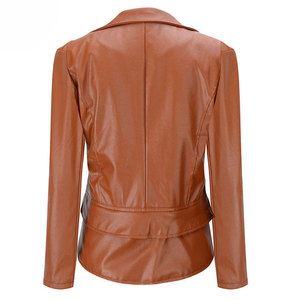 Veste de moto en similicuir marron pour femme, fermeture éclair asymétrique, col rabattu - Product Image 2
