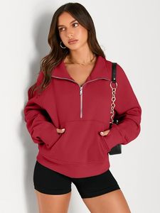 Sweat-shirt rouge à col montant et demi-zip, couleur unie, manches longues, en polaire, coupe oversize, grande taille, haut d'automne pour femme - Product Image 1