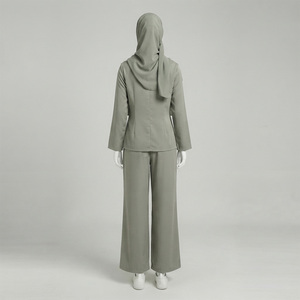 REDDITO SPORTS Ensemble pantalon large et chemisier polaire à capuche vert olive à manches longues pour femme, coupe régulière, automne, style modeste islamique - Product Image 3