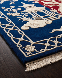 Tapis en laine rectangulaire à motif mosaïque en blocs, motif grue orientale rouge marine, bordure florale décorative, antidérapant, écologique - Product Image 5