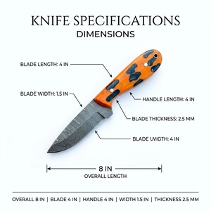 มีดล่าสัตว์เหล็กดามัสกัสทำมือ ด้ามเรซิ่นสีส้มและไม้ ใบมีดแบบ Fixed Blade สำหรับแล่เนื้อ พร้อมปลอกหนังลายดอกไม้ - Product Image 6