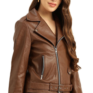 REBA SPORTS IMPEX Brown Genuine Leather Breathable Stand Collar Bomber Jacket Women Zip Pocket Cuffs Ribbed Hem Custom Logo - Product Image 5