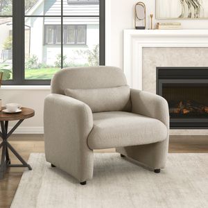 Poltrona Comfort Contemporanea in Tessuto Bouclé Taupe con Struttura in Compensato e Cuscino, per Soggiorno Accogliente - Product Image 1