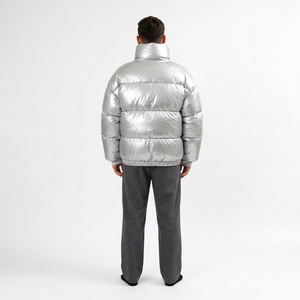 Men's <b>Silver</b> Hooded Collar <b>Puffer</b> <b>Jacket</b> Windproof Breathable Polyester Wadding Winter Casual Loose Fit Zipper Closure Front - Product Image 6