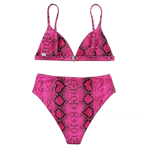 Pink Snake Print <b>Bikini</b> <b>Set</b> Women High Waist Two Piece Adjustable Strap <b>Triangle</b> Swimwear Summer Beachwear Wholesale - Product Image 1