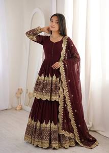 Costume Anarkali traditionnel pour femmes, couleur marron, avec dupatta brodé, coupe ample, longueur au sol, tenue de mariage, style Inde Pakistan - Product Image 5