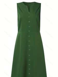 Robe midi droite décontractée sans manches, respirante, écologique, en dentelle, boutonnée sur le devant, de couleur verte, pour femmes - Product Image 2