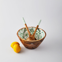 Bol de service artisanal en bois d'acacia avec impression émaillée, vaisselle en bois écologique