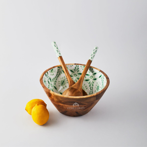 Tazón para Servir Hecho a Mano con Madera de Acacia y Estampado Esmaltado, Vajilla de Madera Ecológica - Product Image 3