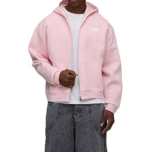 Men Full Zip <b>Hoodie</b> Cotton Fleece Relaxed Fit Streetwear with Custom Logo Print Soft <b>Pink</b> for OEM Private Label Manufacturing - Product Image 1