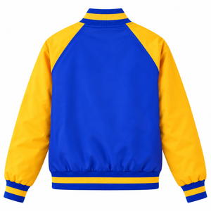 Chaqueta Bomber Azul Rey y Amarilla para Mujer con Letras Bordadas en Chenilla, Forro Personalizado, Botones a Presión y Ribetes Estilo Universitario - Product Image 3