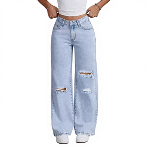 Jean déchiré taille haute pour femme, coupe large, style baggy, en denim, décontracté, streetwear, mode, OEM, personnalisé, vente en gros - Product Image 1