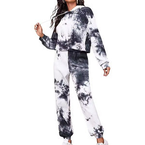 Ensemble de survêtement 2 pièces OEM pour femme en molleton de coton, comprenant un sweat à capuche court et un pantalon de survêtement, motif uni bleu, prix de gros, best-seller - Product Image 1