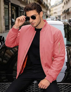 <b>Men</b>’s Essential Statement Bomber – Classic MA-1 Silhouette in <b>Soft</b> Pink with Premium Brass Hardware Softshell <b>Jacket</b> - Product Image 2