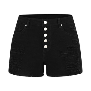 Shorts de Mezclilla Negros de Cintura Alta para Mujer, Estilo Casual de Verano, Desgastados y Rotos, con Botones al Frente, ODM OEM - Product Image 1