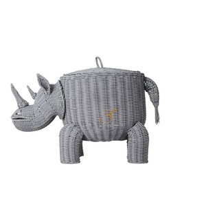Rhino Rattan Storage <b>Basket</b> <b>with</b> <b>Lid</b> Grey Woven Animal Shaped Toy Organizer Bin Cute Rhinoceros Nursery Hamper - Product Image 1