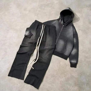 Custom Made Streetwear Fashion 100% Cotton Sun Faded Acid Wash Zip up Hoodies and Sweatpants <b>Set</b> Sweatsuit Tracksuits For Men - Product Image 5