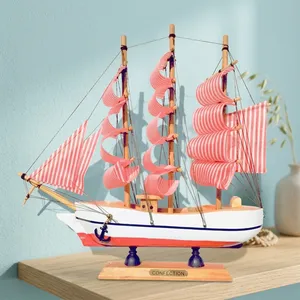 Modèle de bateau à voile en bois décoratif avec voiles roses, décoration nautique pour table, maison, bureau, cadeau de collection - Product Image 4
