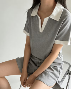 Summer Polo Collar Knee Button Pajama Set Breathable Loose-Fitting Casual Sporty Short Sleeve Shorts Two-Piece Women Solid Color - Product Image 3