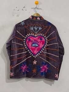 Handmade Suzani Grey <b>Velvet</b> Cotton <b>Jacket</b> <b>Women</b> Heart Floral Embroidery Bohemian Ethnic Winter Outerwear Wholesale - Product Image 2