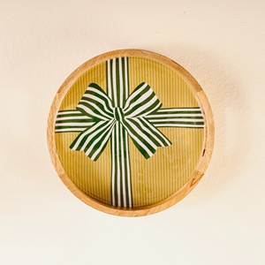 Premium Striped Wooden Serving Tray Beautifully Crafted with a Vibrant <b>Bow</b> Tie Design Featuring Green and Yellow Stripes - Product Image 1