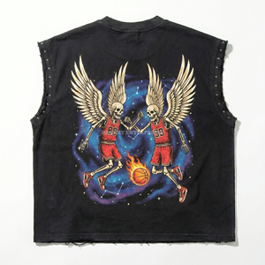 Conjunto de Camiseta sin Mangas Negra para Hombre con Estampado de Esqueleto Angelical de Baloncesto, Cuello Redondo, Estilo Urbano, Atuendo de Verano - Product Image 4