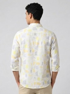 Enovate Men's Geometric Printed Breathable Casual Shirt White Base Yellow Gray Shapes Full Sleeve Turn-<b>down</b> Collar Slim Fit - Product Image 3