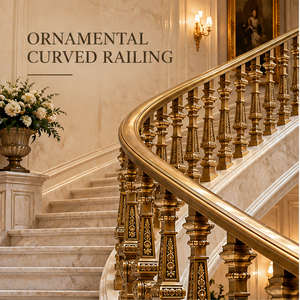 Curved Antique Bronze <b>Metal</b> Stair Railing with Ornamental Balusters for Villas Hotels and Classic Grand Interiors - Product Image 1