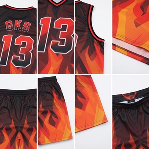 Conjunto de Camiseta y Pantalones Cortos de Baloncesto con Estampado de Llamas Personalizado, Uniforme de Equipo Sublimado Rojo Naranja, Ropa Deportiva Transpirable para Hombre y Jóvenes - Product Image 5