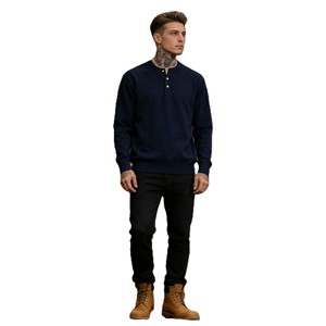 Men's Navy Blue Knitted <b>Henley</b> Sweater Regular Fit <b>Long</b> <b>Sleeve</b> Button Up Casual Pullover Autumn Wear - Product Image 3