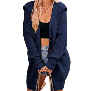 Luxury Class Women's <b>Navy</b> <b>Blue</b> Knitted Hooded <b>Cardigan</b> Long Sleeve Solid Color Button Front Casual Autumn Wear - Product Image 1