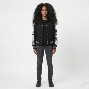 Veste universitaire noire pour homme avec broderie squelette blanc sur les manches, col rabattu, tenue décontractée pour l'automne - Product Image 5
