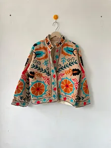 Luxury Champagne <b>Velvet</b> Floral Embroidered Suzani <b>Jacket</b> Full Sleeve Stand Collar Bohemian <b>Women's</b> Spring Outerwear - Product Image 3