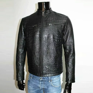 Veste en cuir gaufré croco pour homme, style motard, fermeture éclair sur le devant, col rabattu, coupe ajustée, pour l'automne - Product Image 4
