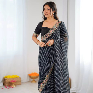 Sari Premium de Georgette con Estampado Bandhani y Bordado con Lentejuelas, para Bodas y Fiestas, con Blusa de Seda Benglori - Product Image 1