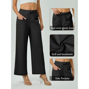 2025, pantalones informales bohemios Palazzo de cintura alta con cordón para mujer, pantalones de salón de pierna ancha, lona de lino, bolsillos transpirables de alta calidad - Product Image 3