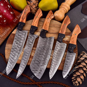 Ensemble de 5 couteaux de chef pour barbecue en acier Damas, faits à la main, à lame pleine, forgés à la main, manches en bois de bourrache d'olivier, style japonais, avec étui en cuir - Product Image 5